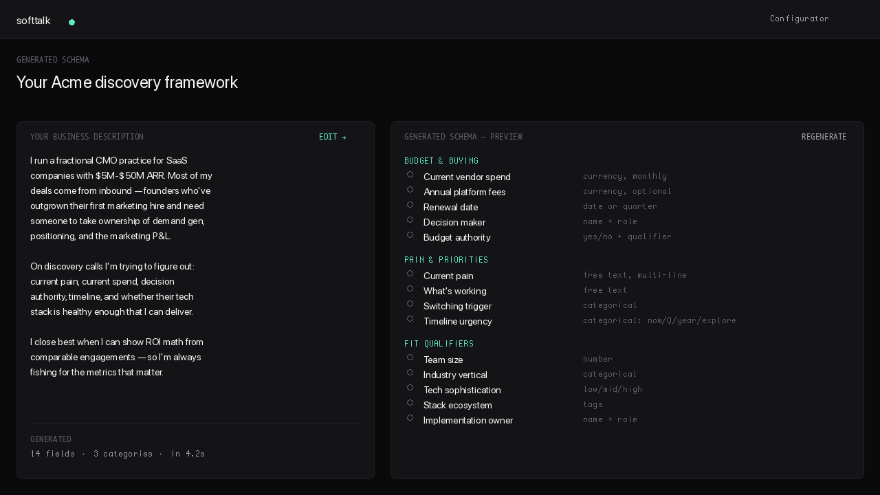 The SoftTalk configurator — a business description generating a Discovery Playbook